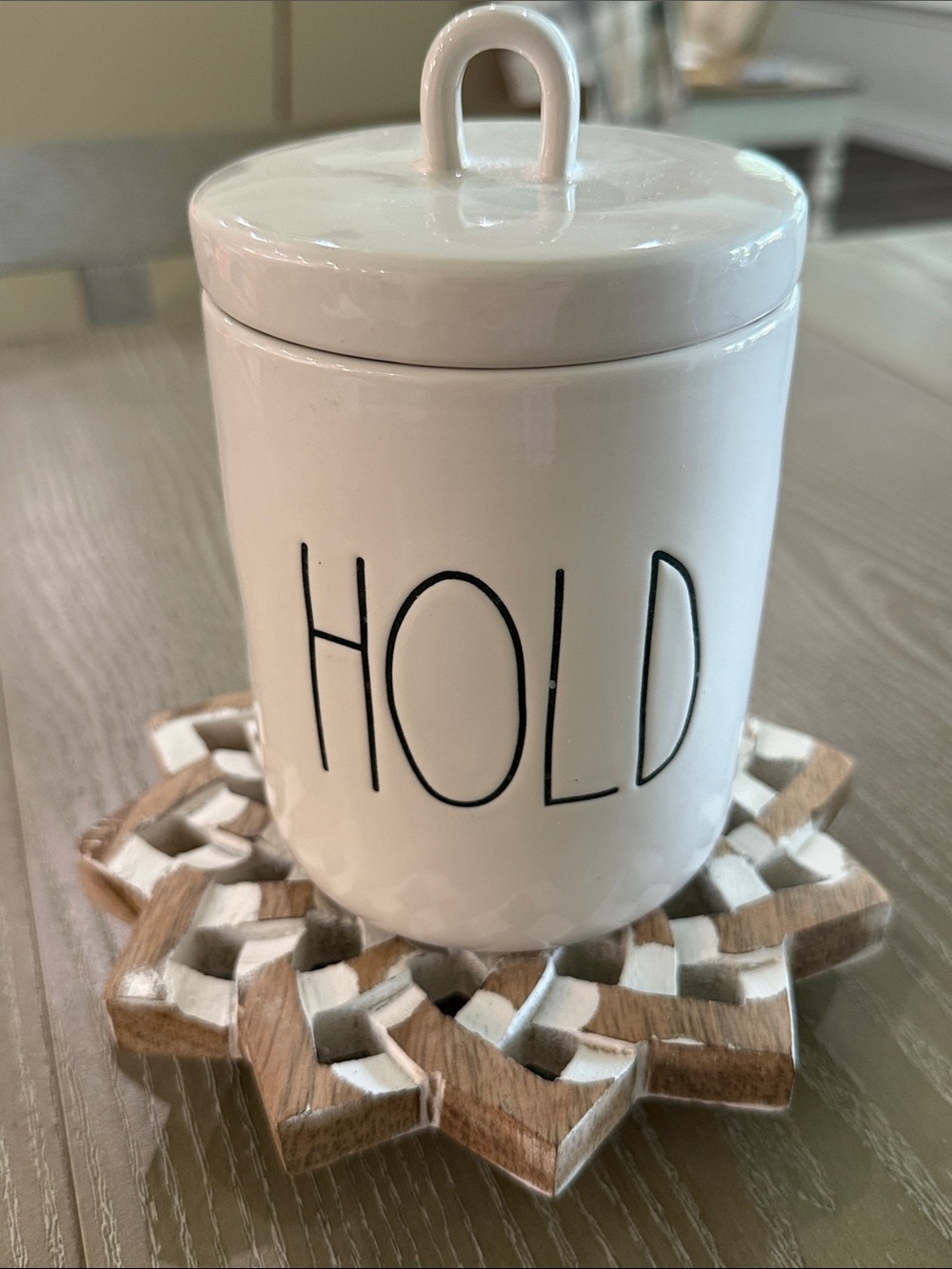 Rae Dunn White Ceramic 'HOLD' Canister with Lid NWOT